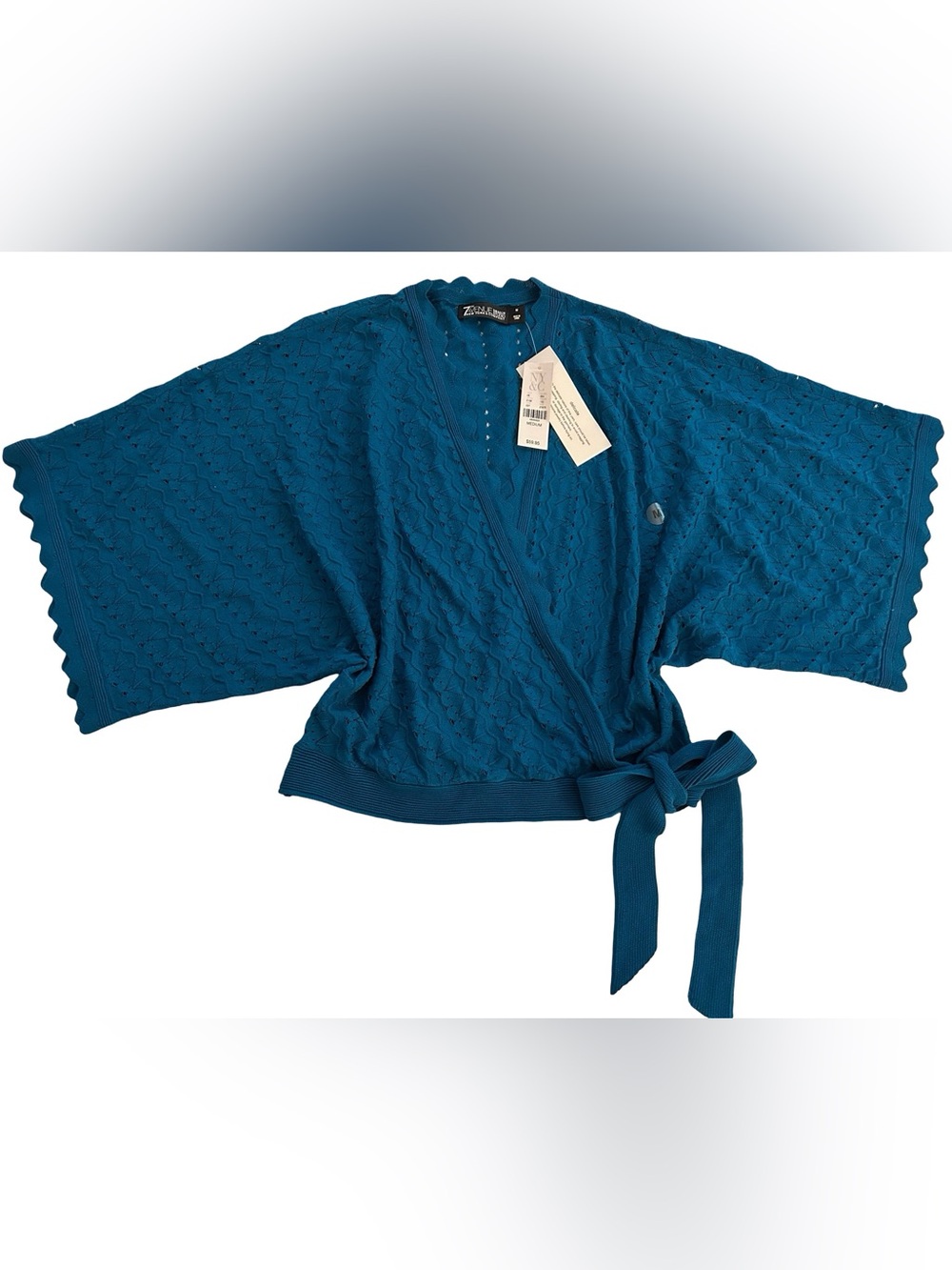Nwt New $59 New York & Company Teal Wrap Crop Top Sweater Cardigan with Tie Wais